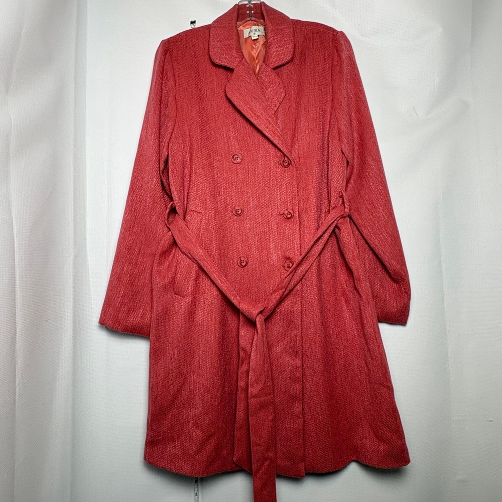 AURA Women's Red Double Breasted Belted Tweed Coat Size L LWJ1067 RD‎